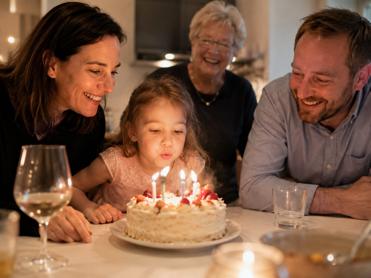 Kind bläst Geburtstagskerzen aus