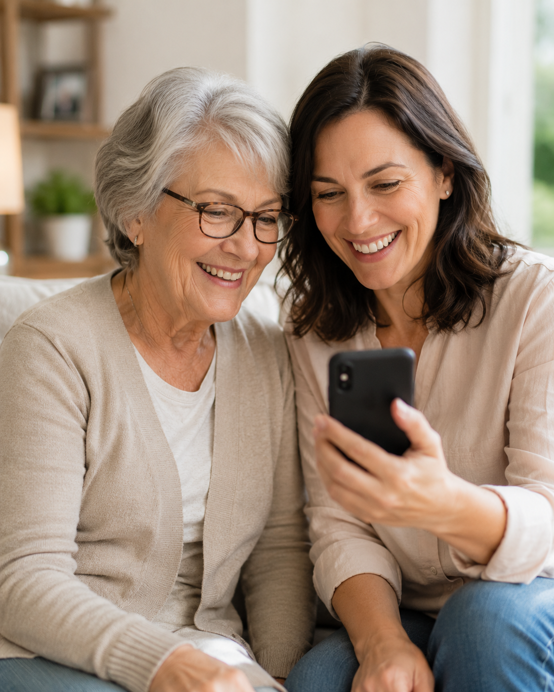 Großmutter und Mutter schauen gemeinsam Familienfotos auf dem Smartphone